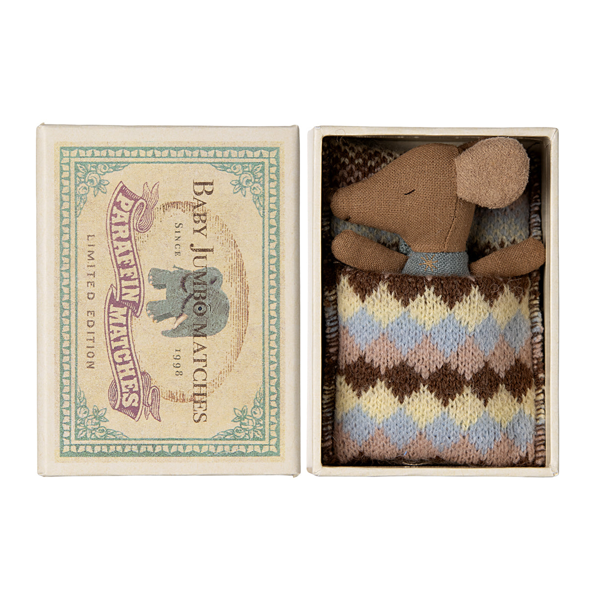 Maileg Sleepy/Wakey Baby Mouse In Matchbox - Blue.