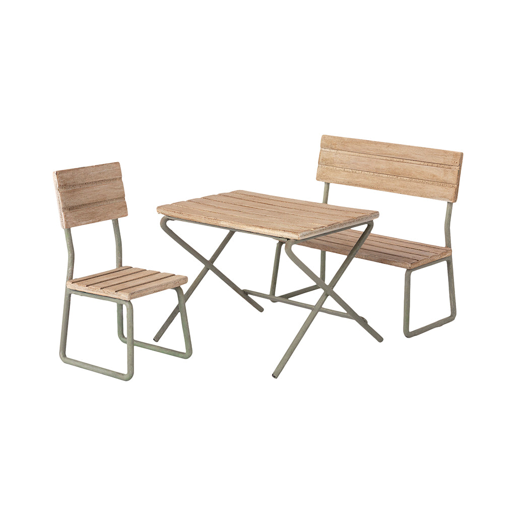 Maileg Garden Table with Chair and Bench Set.
