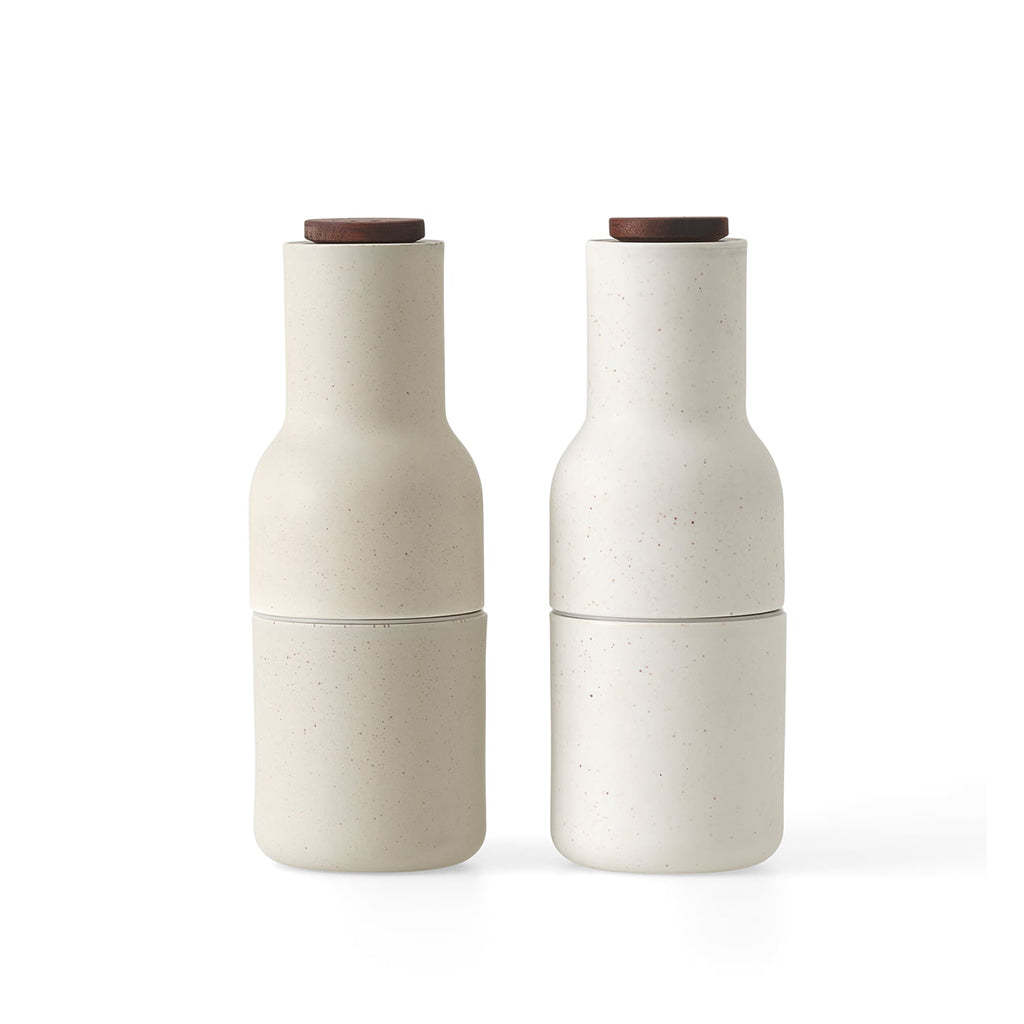 Menu Bottle Grinders With Walnut Lids - Glazed Ceramic - Sand.