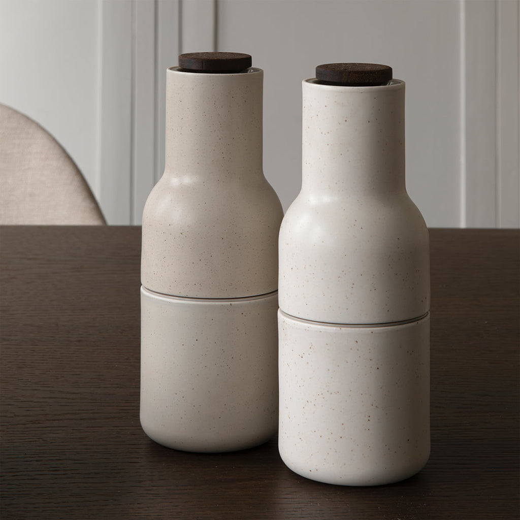Menu Bottle Grinders With Walnut Lids - Glazed Ceramic - Sand.